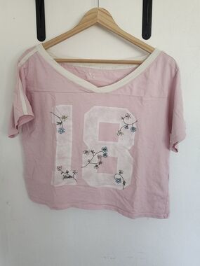 Hollister Pink Floral 18 Graphic V-Neck Crop Top